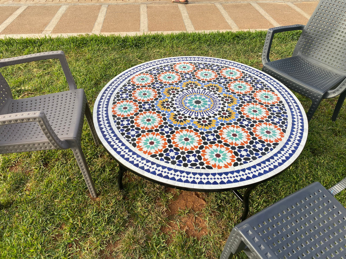 Moroccan dining table round made from mosaic and tiles 100% Handcrafted It for outdoor and indoor, Mosaic table works for beach house too